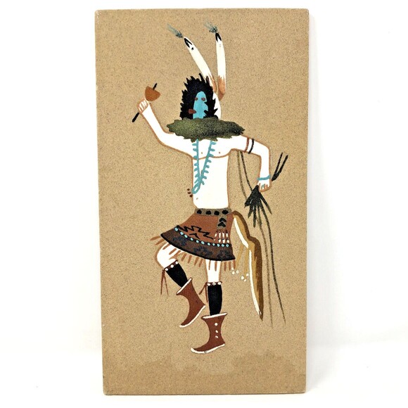 Kachina Sand Wall Art Navajo Native American Painting Panels VTG Set of 2 Signed - Picture 3 of 12